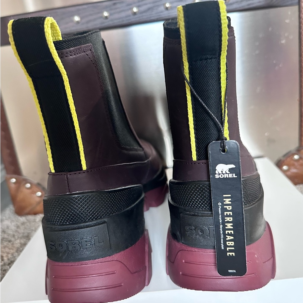 Sorel Ankle Boots in Black and Burgundy with Yellow Accents